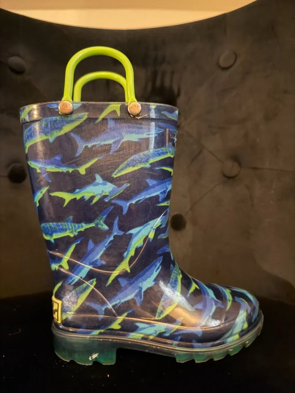 Western Chief Shark Chase Lighted Black/Blue/Green Kids Rain Boots Sz 8